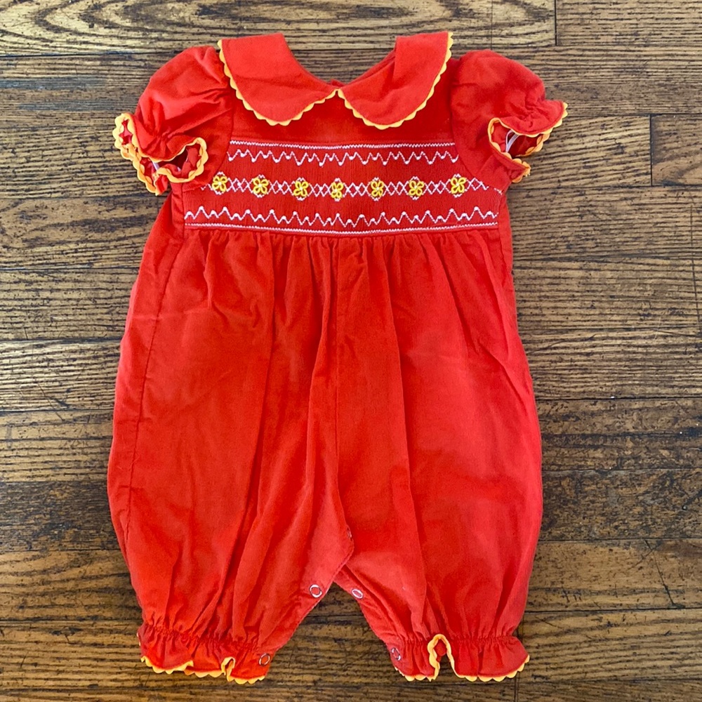 Red orange smocked short sleeve romper